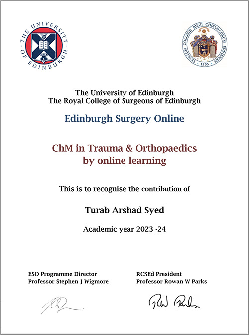 Academic e-tutor: ChM Trauma & Orthopaedics, University of Edinburgh.